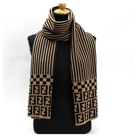 Fendi Accessories - FENDI Zucca Print Wool 100% Scarf Beige Black